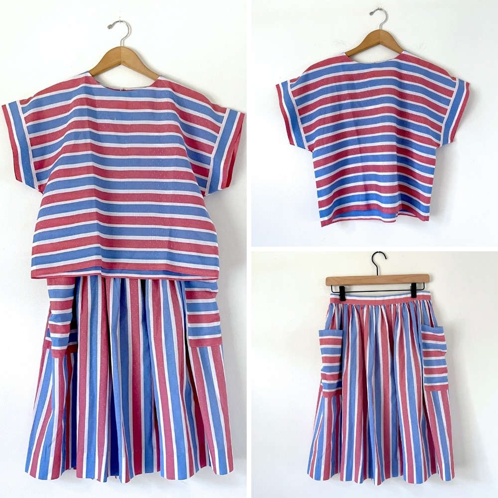 Vintage Dirndl 2 Piece Striped Set Top Skirt Parisian Blue Red Retro 40s 50s